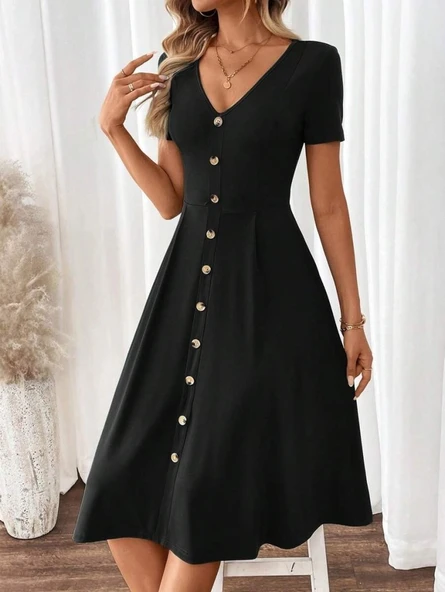 Lucky Life Kadın Kısa Kollu V Yakalı önden Düğmeli A Kesim Dokuma Elbise - Resim 2