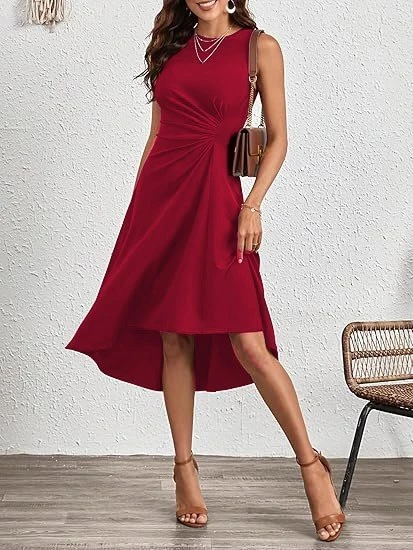 Kadın Sıfır Kollu Bisiklet Yaka Büzgülü Asimetrik Kesim Detaylı Janjan Krep Elbise ürün görseli