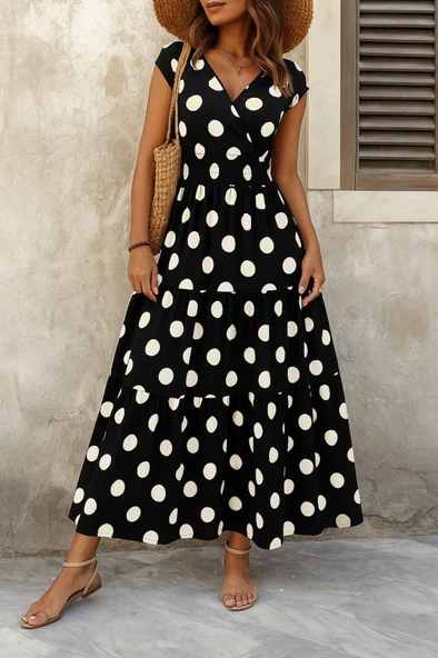 Kadın Kısa Kollu Kruvaze Yaka Beli Lastikli Süprem Maksi Boy Elbise ürün görseli