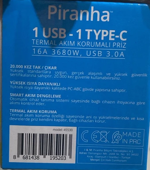 PİRANHA 45530 1 USB 1 TYPE-C 3.0A TERMAL AKIM KORUMALI PRİZ 16A 3680W - 2