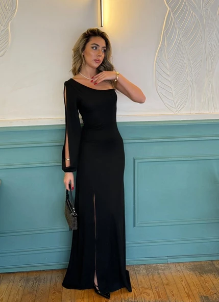 Tek Omuz Açık Derin Yırtmaçlı Krep Tam Boy Elbise - Resim 4