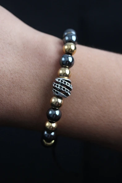 Doğal Taş Sarmal Model Gold Ve Füme Renk Asansörlü Erkek Bileklik