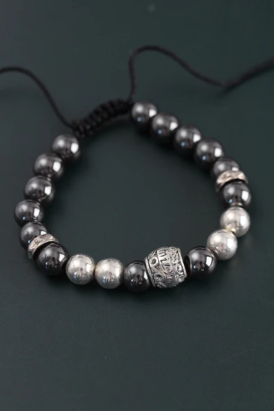 Doğal Taş Family Model Gümüş Ve Füme Renk Asansörlü Erkek Bileklik - 2