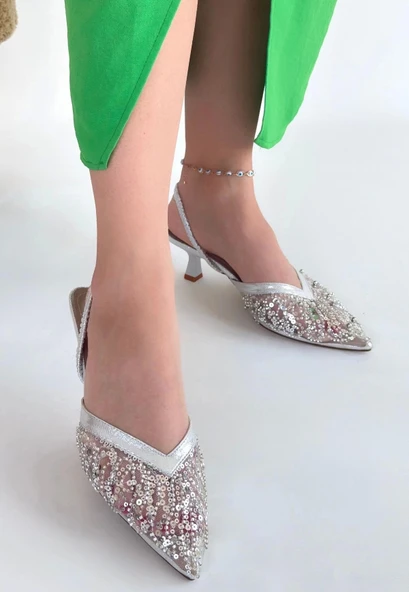 Toyi Gümüş Saten Topuklu Ayakkabı - Resim 3
