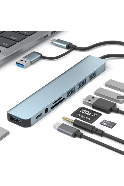 8in2 Alüminyum 4xUSB 1xType-C 3.5mm Jak TF/SD USB HUB Çoklayıcı Telefon Macbook Çevirici - 1