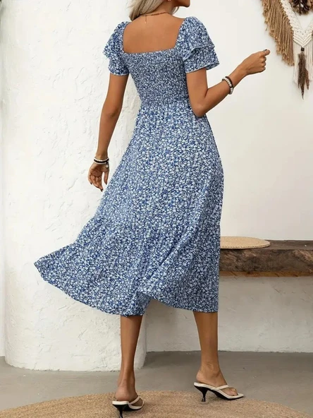 Kadın Kısa Kollu Gipe Detaylı Desenli Midi Süprem Elbise - Resim 3