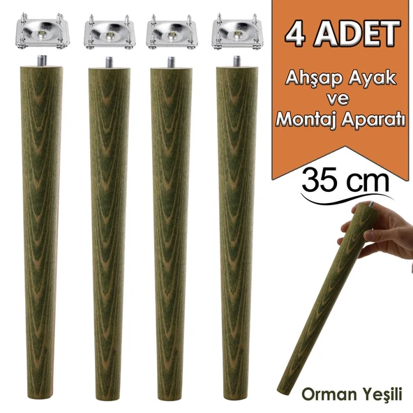 4 Adet Ahşap Ayak 35 Cm Orman Yeşili M8 Civatalı Bağlantı Aparatlı Mobilya Tabure Sehpa Masa Destek Ayağı ürün görseli 1