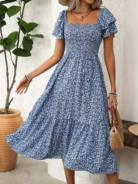 Kadın Kısa Kollu Gipe Detaylı Desenli Midi Süprem Elbise - Resim 2