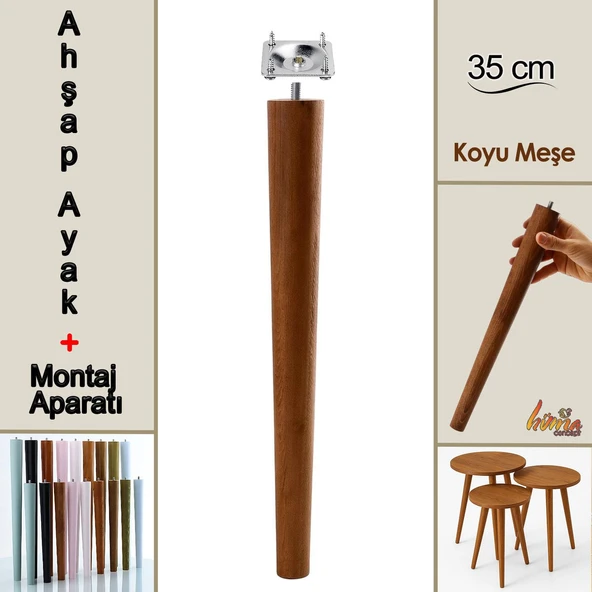 Ahşap Ayak 35 Cm Koyu Meşe M8 Civatalı Bağlantı Aparatlı Mobilya Tabure Sehpa Masa Destek Ayağı ürün görseli