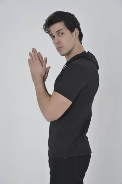 Erkek Kapşonlu Slim Fit T-shirt - Siyah - Resim 2