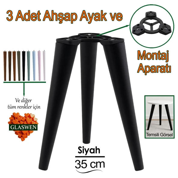3 Adet Ahşap Ayak 35 Cm Siyah M8 Civatalı Bağlantı Aparatlı Mobilya Tabure Sehpa Masa Destek Ayağı ürün görseli 1