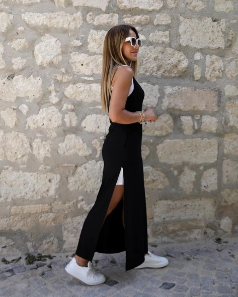 Kadın Yırtmaç Detaylı Viskon Kumaş Maxi Boy Cepli Iç Dahil Ikili Elbise - Resim 3