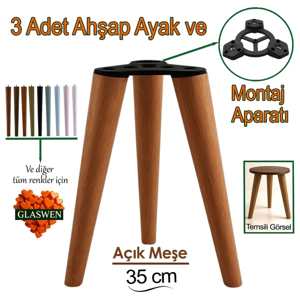 3 Adet Ahşap Ayak 35 Cm Açık Meşe M8 Civatalı Bağlantı Aparatlı Mobilya Tabure Sehpa Masa Destek Ayağı ürün görseli 1