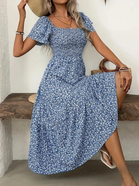 Kadın Kısa Kollu Gipe Detaylı Desenli Midi Süprem Elbise ürün görseli