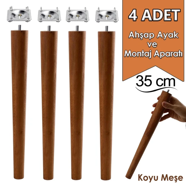 4 Adet Ahşap Ayak 35 Cm Koyu Meşe M8 Civatalı Bağlantı Aparatlı Mobilya Tabure Sehpa Masa Destek Ayağı ürün görseli 1