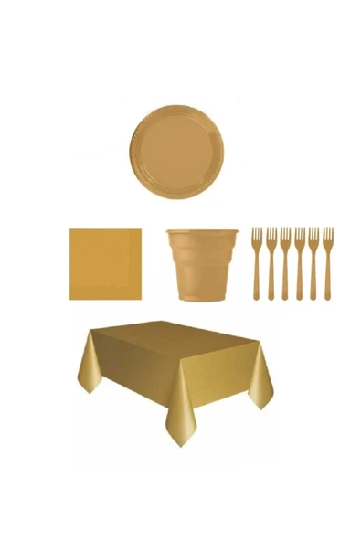Gold Renk Plastik Tabak + Bardak + Çatal + Peçete ve Masa Örtüsü Seti
