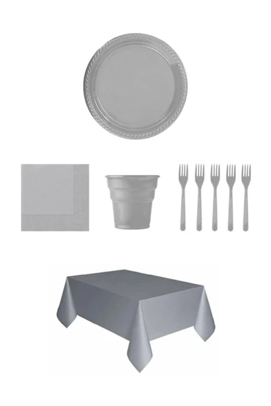 Gümüş Renk Plastik Tabak + Bardak + Çatal + Peçete ve Masa Örtüsü Seti