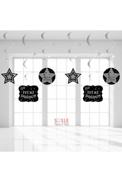 Iyiki Doğdun Yıldızlı, Tavan Sarkıt Süsü, 6 Parça, Gümüş - Resim 2