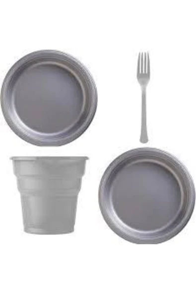 Kullanatparty Gümüş Renk Plastik Tabak Bardak Çatal Seti - Lüx Plastik 25 Kişilik Doğum Günü Set
