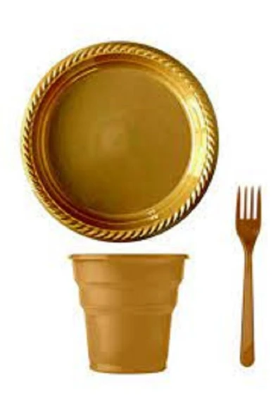 Gold-altın Sarısı Plastik Tabak-bardak-çatal Set