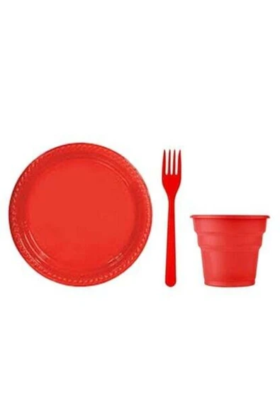 Kırmızı  Plastik Tabak Bardak Seti 25'li