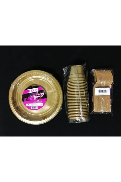 Gold Altın Tabak Bardak Çatal Set Plastik 25 Kişilik Tg-869560-1 ürün görseli 1