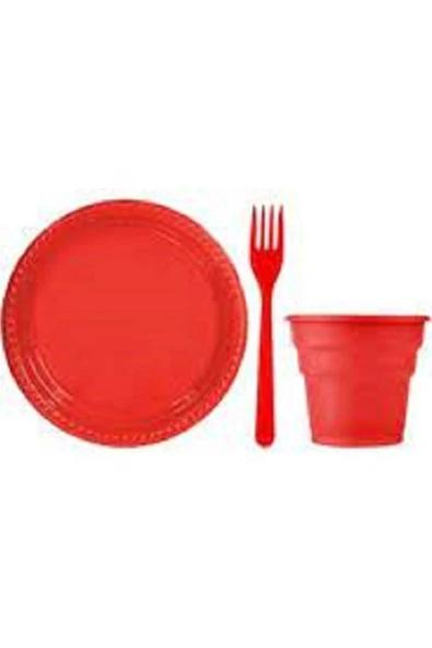 Kırmızı Plastik Tabak-bardak-çatal Set