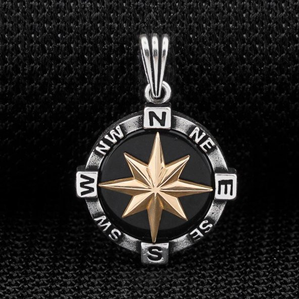 Pusula Tasarımlı Siyah Oniks Taşlı 925 Ayar Gümüş Kolye Ucu - 2