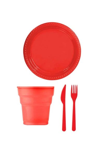 Kırımızı Renk Plastik Tabak Bardak Çatal Bıçak Seti 32 Kişilik ürün görseli 1