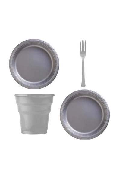 Gümüş Renk 25 Li Plastik Bardak+catal+tabak