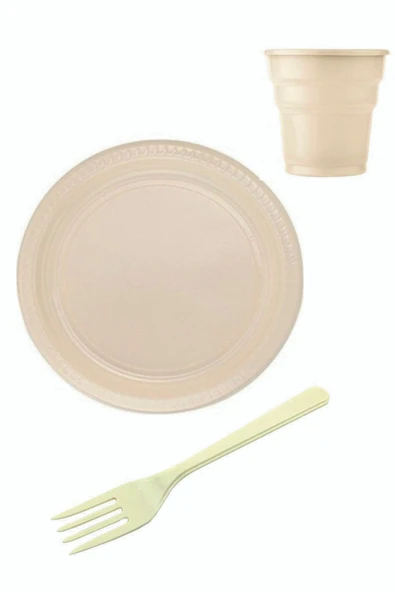 Krem Renk Tabak Bardak Çatal Seti Plastik 25 Kişilik Kullan At Tek Kullanımlık Plastik Set