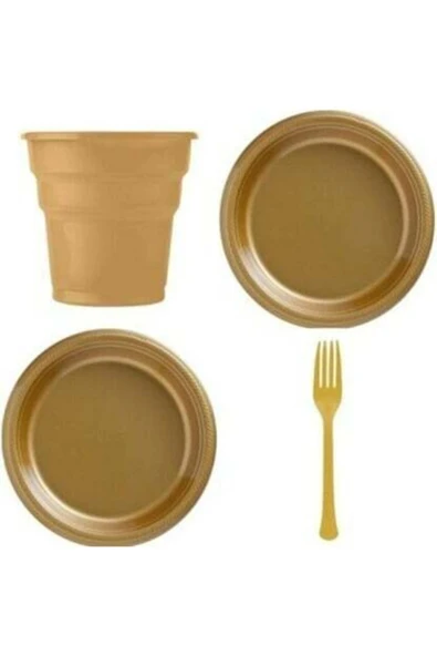 Plastik Tabak Bardak Çatal Seti Gold 25'li