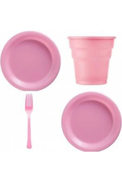 Pembe Lüx Plastik Tabak Bardak Çatal Seti 25 Kişilik ürün görseli