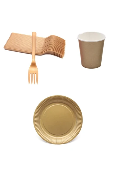 Altın Renkli Plastik Çatal, Karton Bardak Ve Tabak Seti