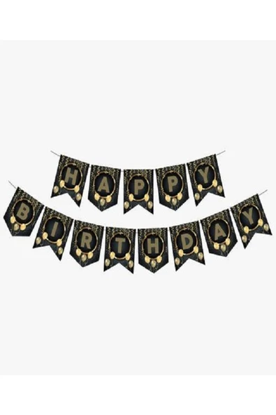 Zikzak Banner Siyah Gold Happy Birthday ürün görseli 1