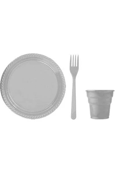 Gri 25 Adet Tabak 25 Adet Bardak 25 Adet Çatal Plastik Tabak Seti 25'li