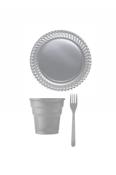 Gri Renk Plastik Tabak Bardak Çatal Seti 24 Kişilik ürün görseli 1