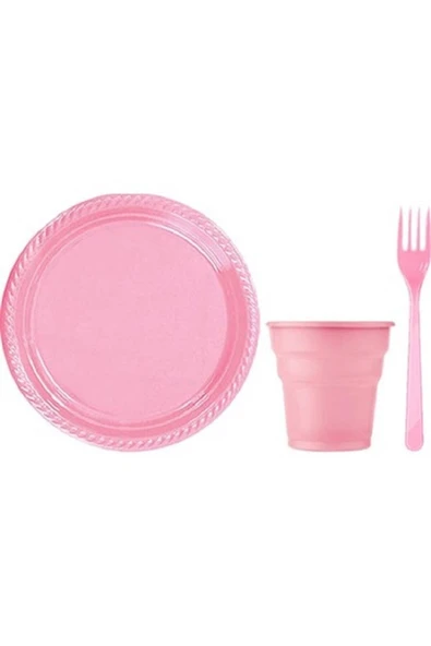 Pembe Renk Plastik Tabak, Bardak, Çatal Seti Parti Piknik Seti