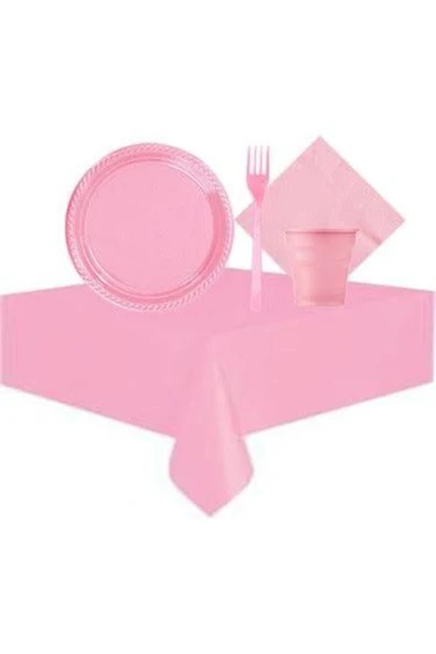 Plastik Kullan At Tabak Bardak Çatal Peçete Masa Örtüsü Seti Pembe