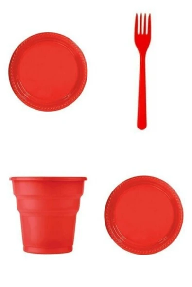Kırmızı Plastik 25 Tabak 25 Bardak 25 Çatal Set