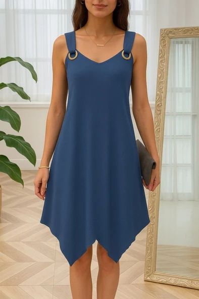 Kadın Askılı Yuvarlak Yaka Kuş Gözü Detaylı Asimetrik Viskon Elbise ürün görseli