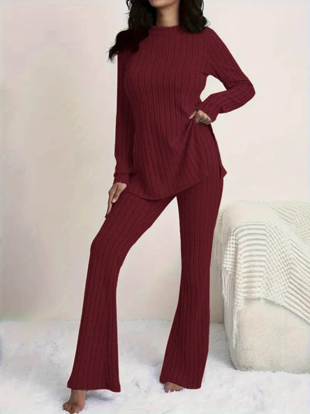 Kadın Uzun Kollu Yuvarlak Yaka Yandan Yırtmaç Detaylı şardonlu Kaşkorse Bluz Ve Pantolon Ikili Takım - Resim 2