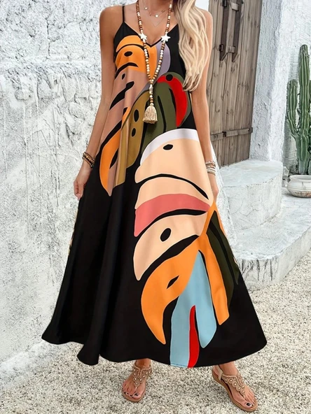 Kadın Ip Askılı V Yakalı Desenli Süprem Maxi Elbise - Resim 3