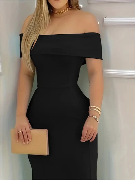 Kadın Kısa Kollu Madonna Yaka Belden Oturtmalı Uzun Ithal Krep Elbise - Resim 2