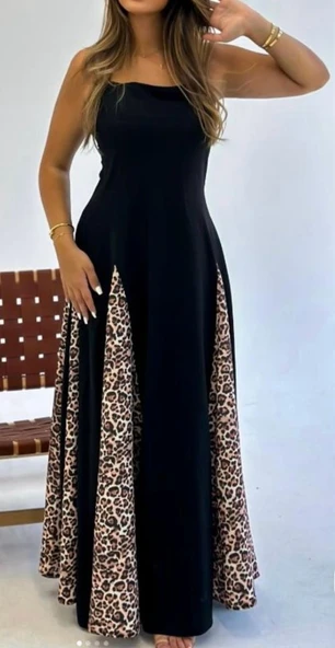 Kadın Dalgıç Kumaş Leopar Desenli Kloş Elbise - Resim 2