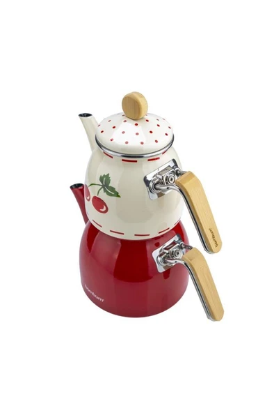 Bambum Unique - Bambu Kulplu Emaye Çaydanlık Takımı Cherry - Resim 4