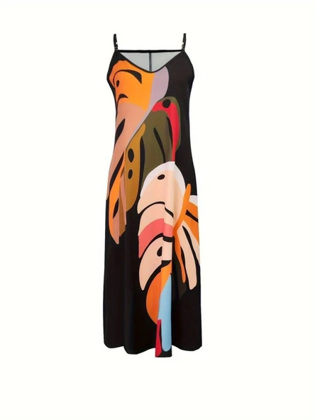 Kadın Ip Askılı V Yakalı Desenli Süprem Maxi Elbise - Resim 4