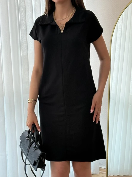 Kadın Kısa Kollu Yakalı Viskon Iki Iplik Elbise - Resim 3