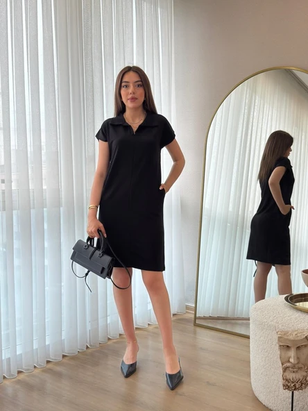 Kadın Kısa Kollu Yakalı Viskon Iki Iplik Elbise - Resim 2