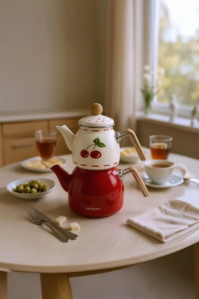 Bambum Unique - Bambu Kulplu Emaye Çaydanlık Takımı Cherry - Resim 2